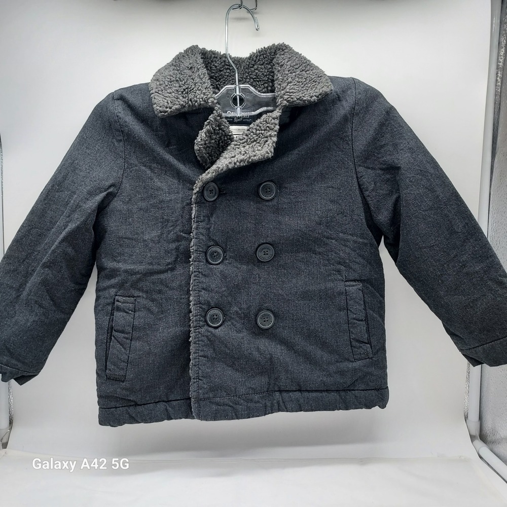 OshKosh Bgosh Boys 4T Pea Coat Grey Sherpa Collar Double Breasted Jacket 11774